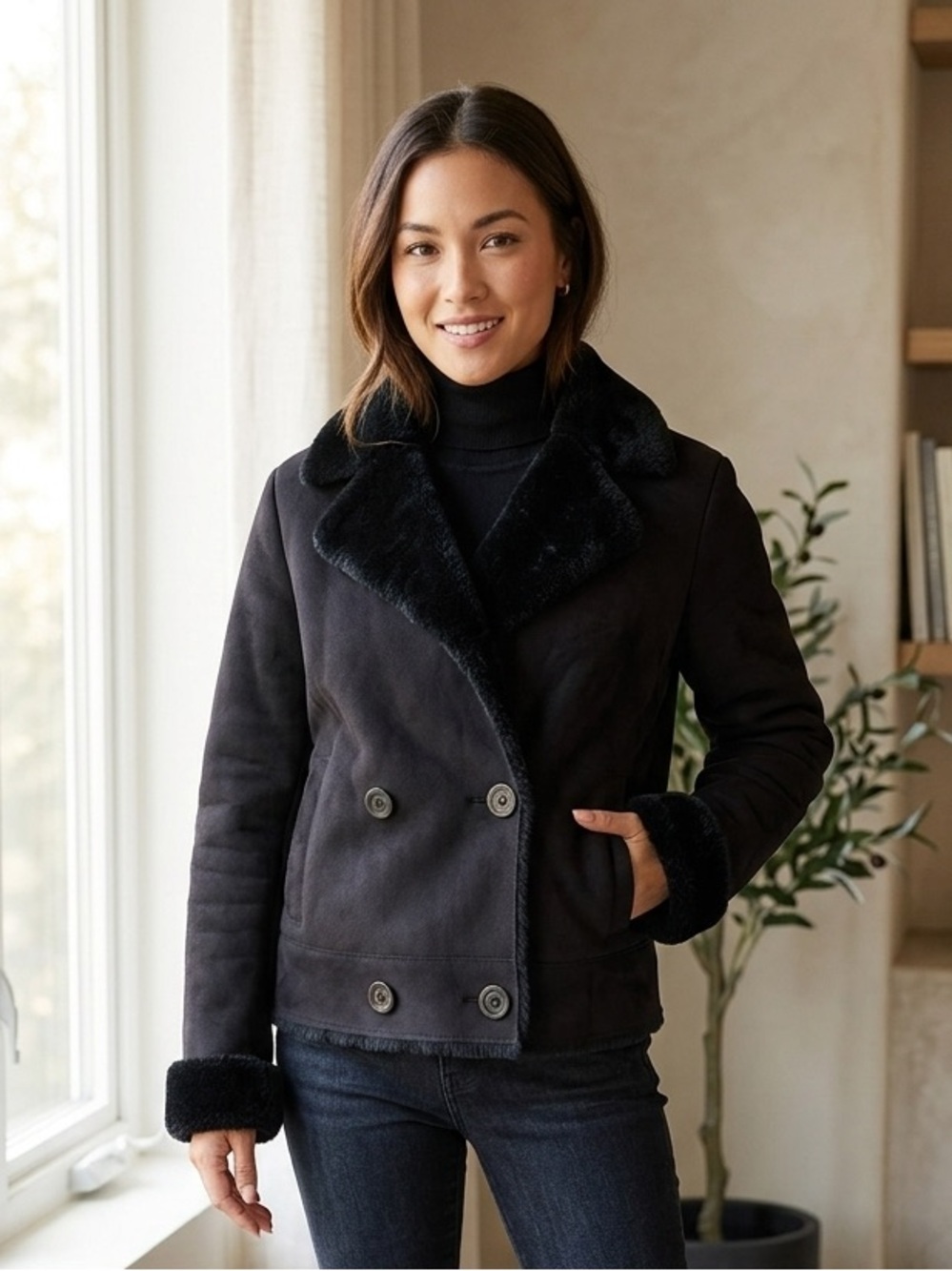 LAUREN Ralph Lauren Faux Suede Shearling Jacket Vintage Y2K Double Breasted